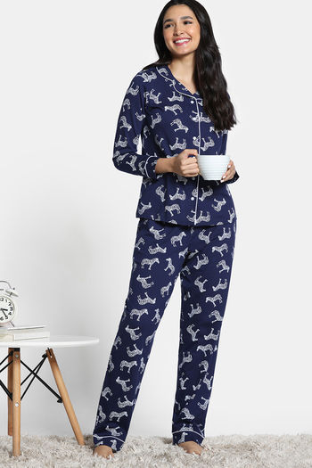 Buy Zivame 2 Mile Fashion Knit Cotton Pyjama Set - Medieval Blue